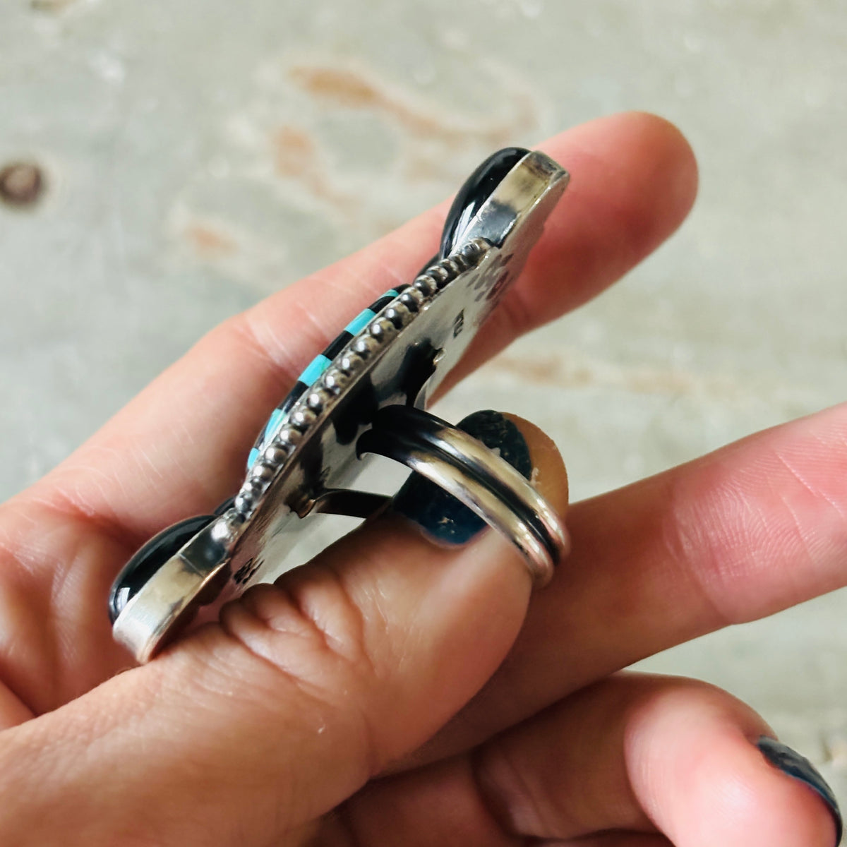 Navajo Faith Begay Sterling Silver - Black Onyx & Turquoise Checkerboard Ring