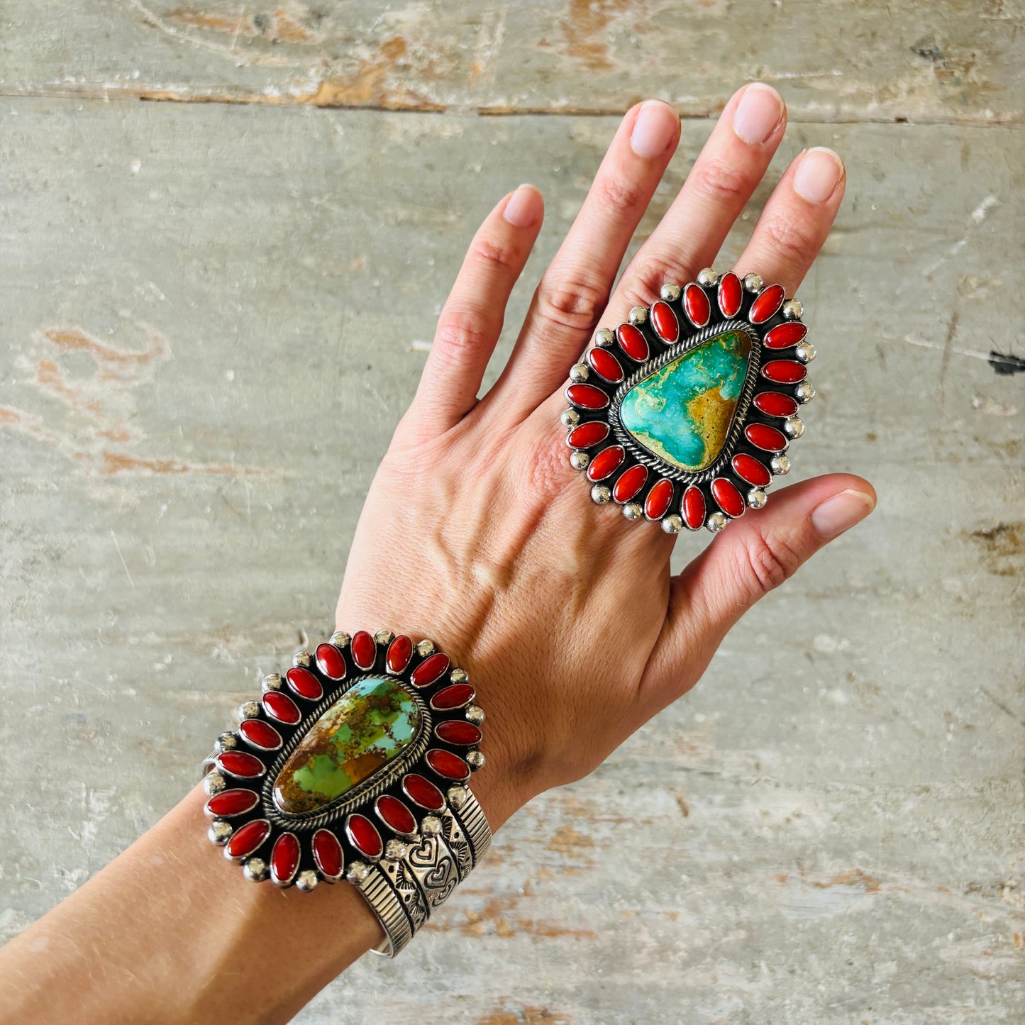 Navajo Hemerson Brown Sterling Silver - Red Coral & Sonoran Turquoise Cluster Hearts Cuff
