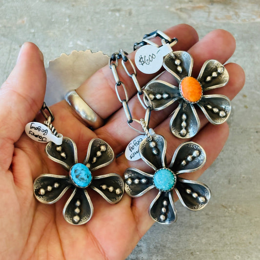 Navajo James Begay Sterling Silver Flower Coin Necklaces