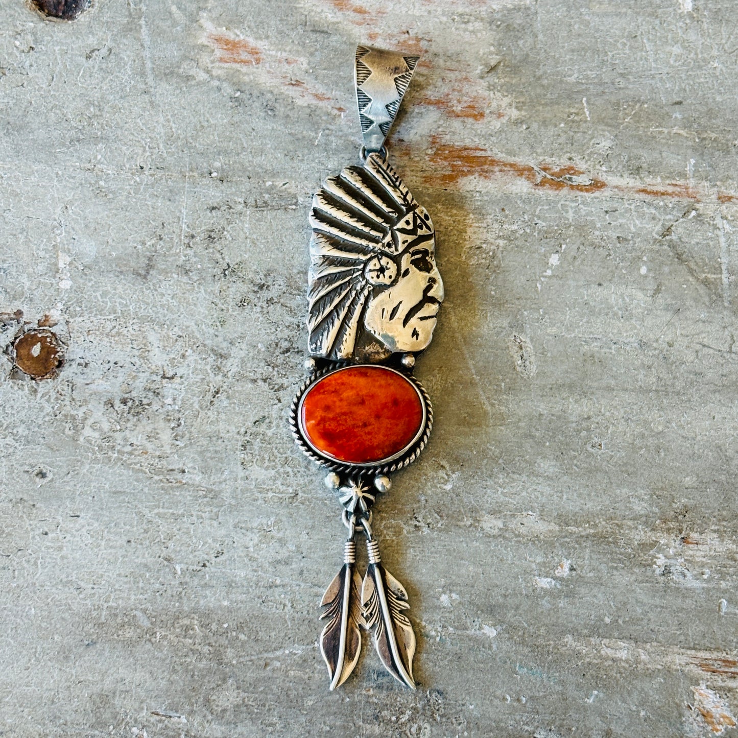 Navajo Edmund Piasso Sterling Silver & Red Spiny Oyster Chief Feathers Pendant