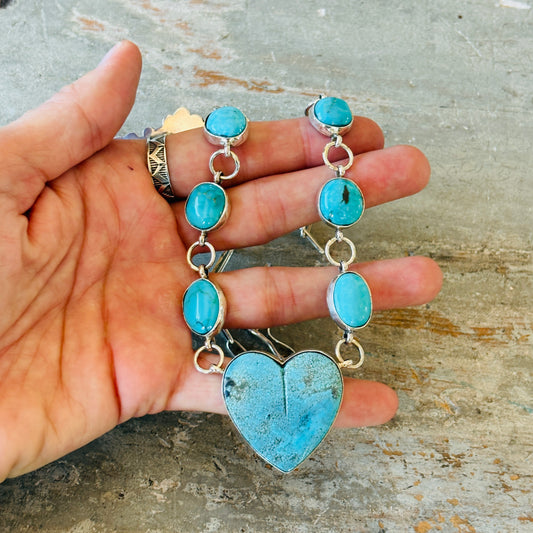 Navajo Mildred Parkhurst Sterling Silver - Ceremonial Kingman - Blue Ridge Turquoise Heart Necklace
