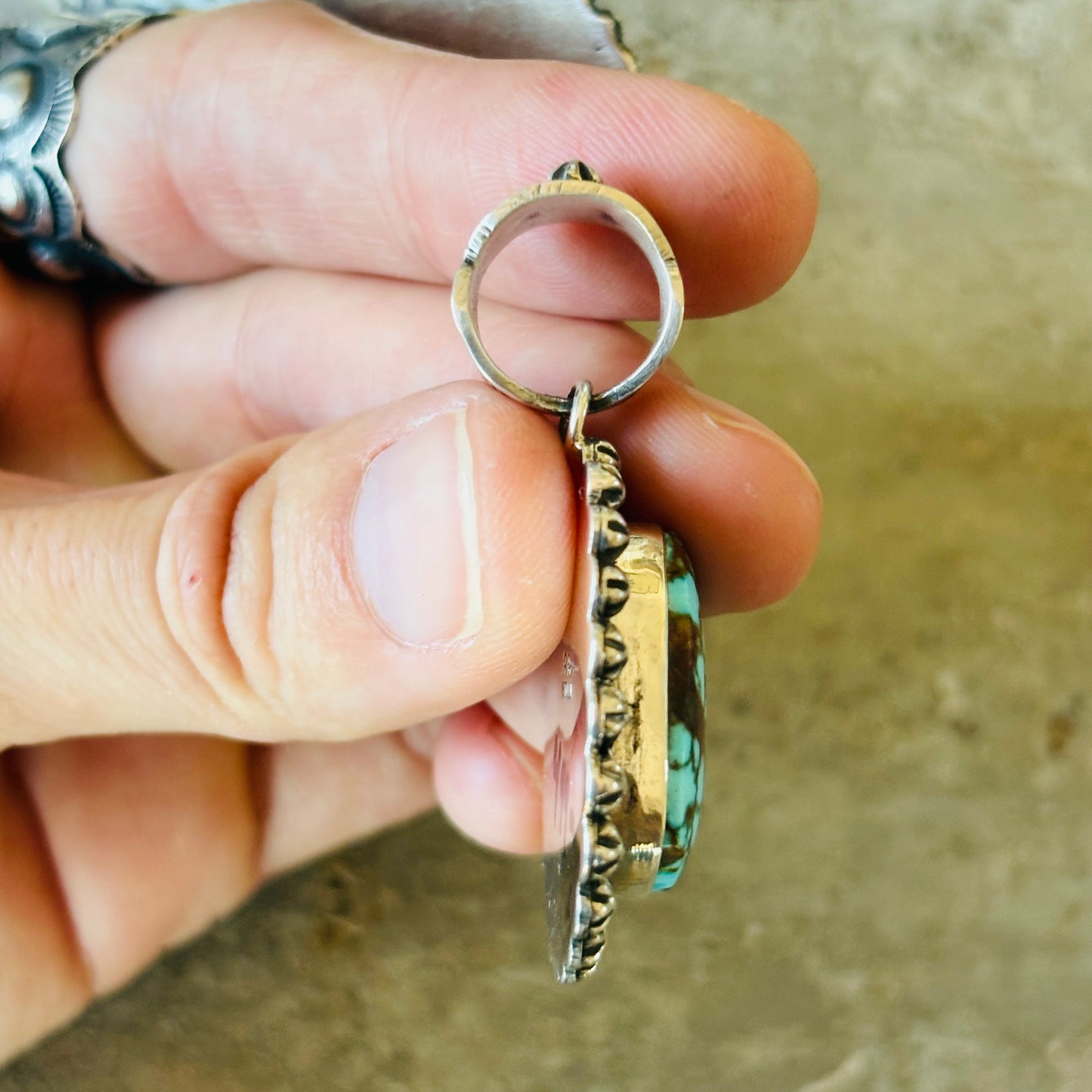 Navajo Happy Piasso Sterling Silver & Web Kingman Turquoise Starburst Pendant