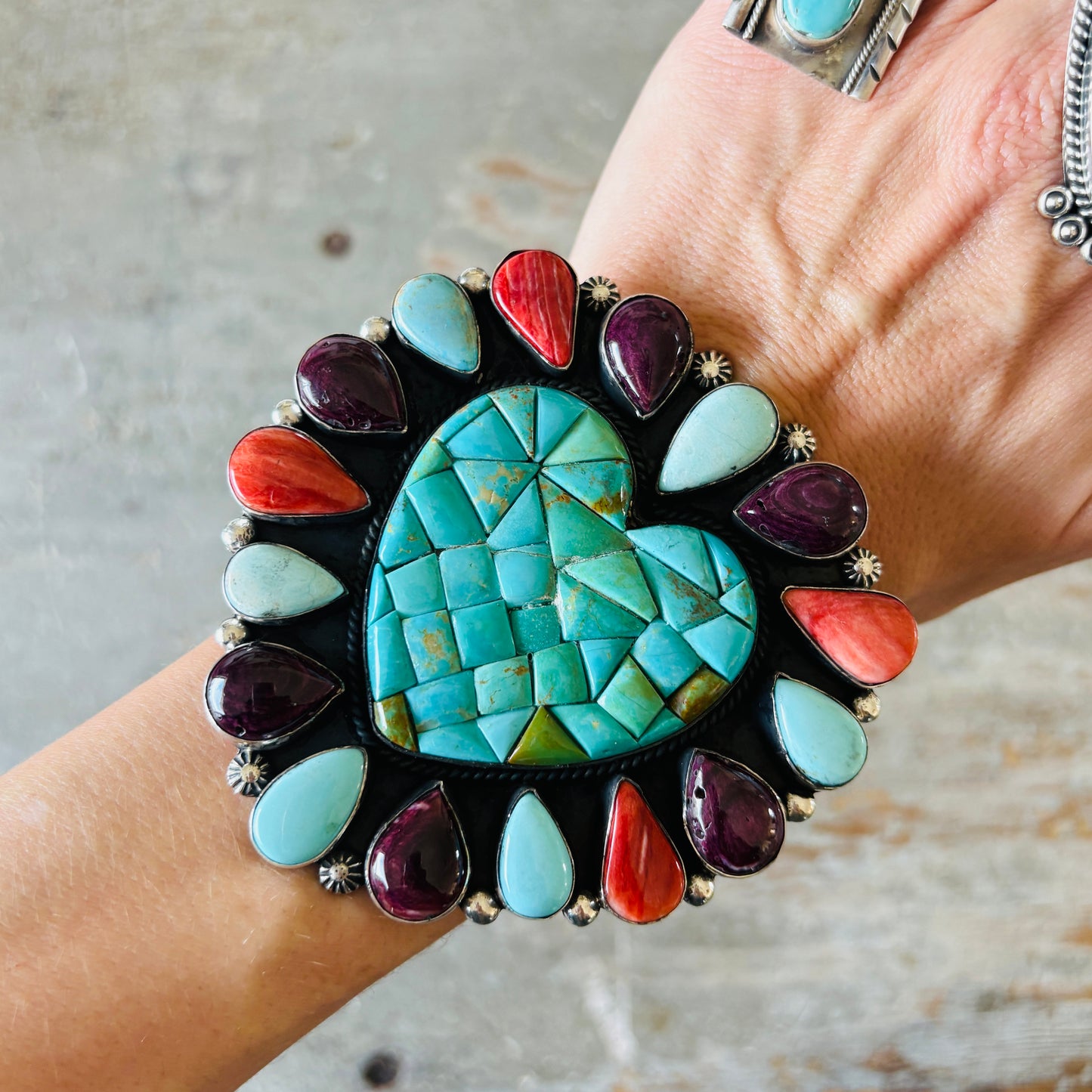 Navajo Hemerson Brown Sterling Silver - Orange - Purple Spiny & Kingman Turquoise Heart Cobblestone Cuff