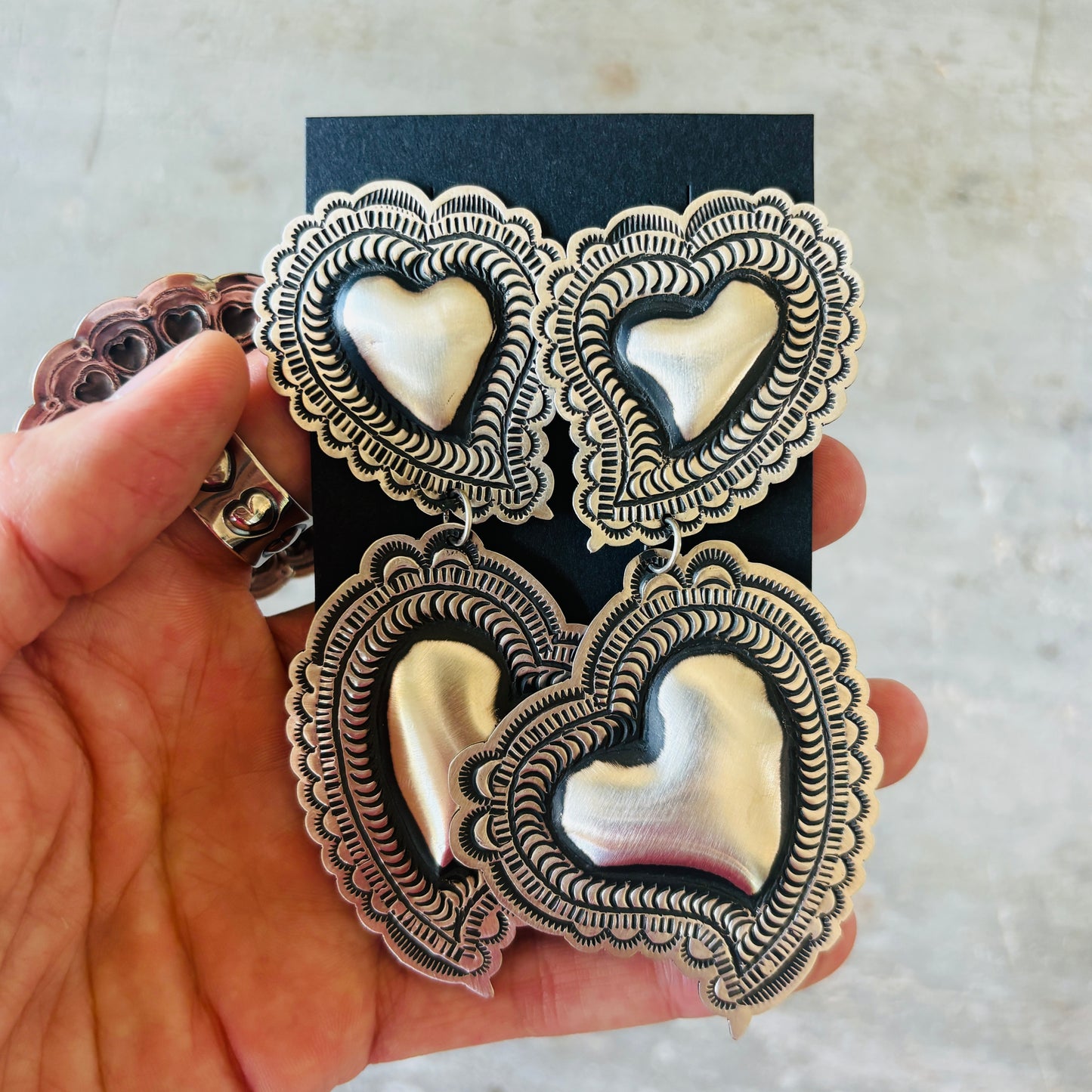 Navajo Leander Tahe Sterling Silver Double Heart Earrings