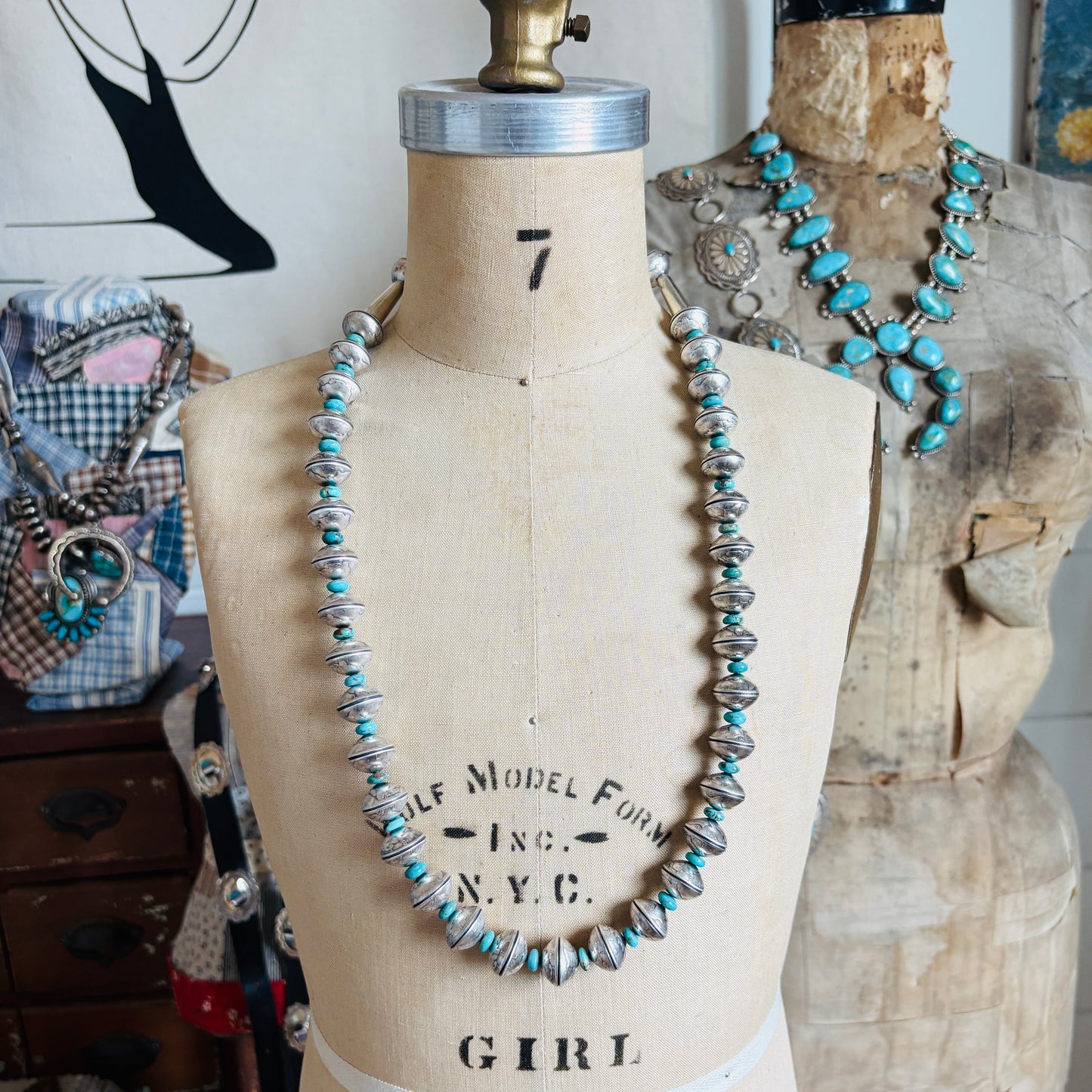 Navajo James McCabe Sterling Silver - Kingman Turquoise & Liberty Dime Beads Necklace