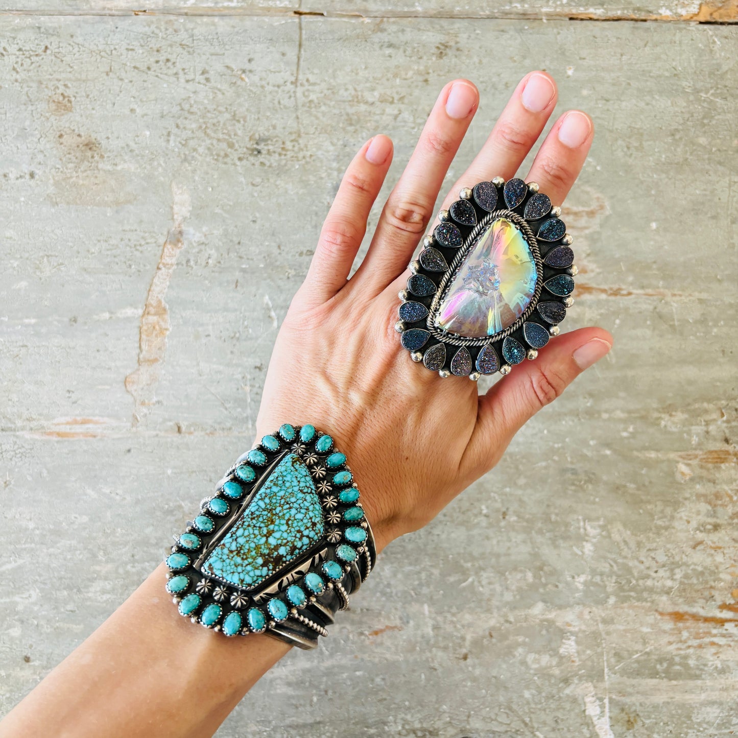 Navajo Hemerson Brown Sterling Silver & Druzy Statement Ring