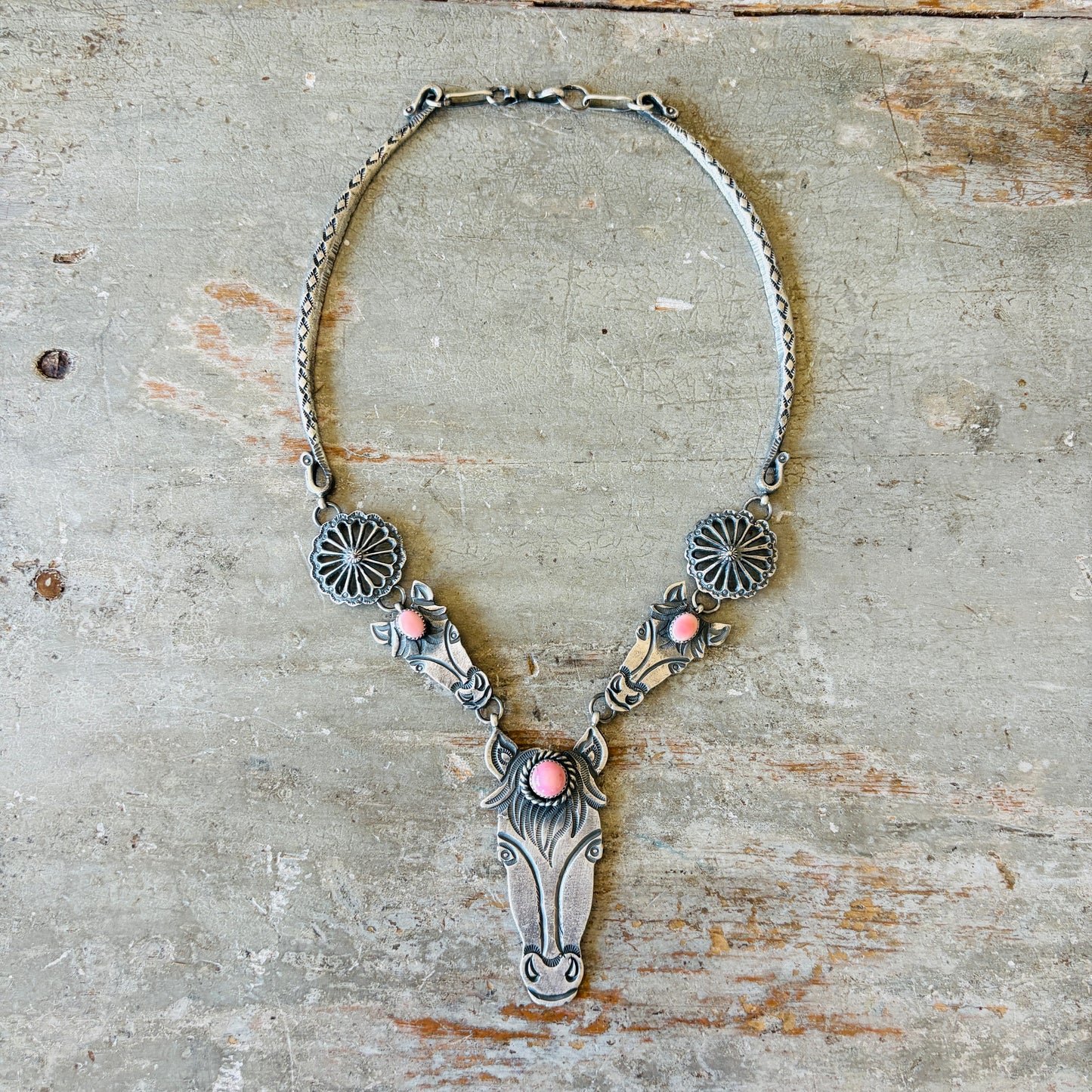 Navajo Kindale Billah Sterling Silver & Pink Conch Horses Necklace