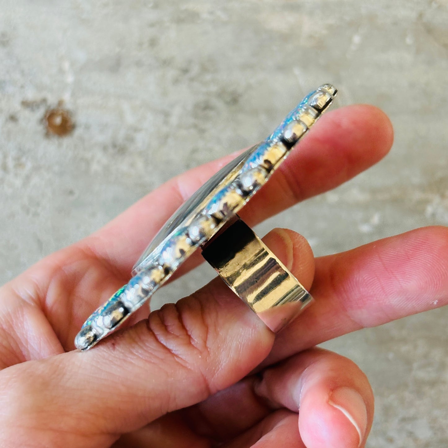 Navajo Hemerson Brown Sterling Silver - Abalone & Purple Lab Opal Cluster Statement Ring