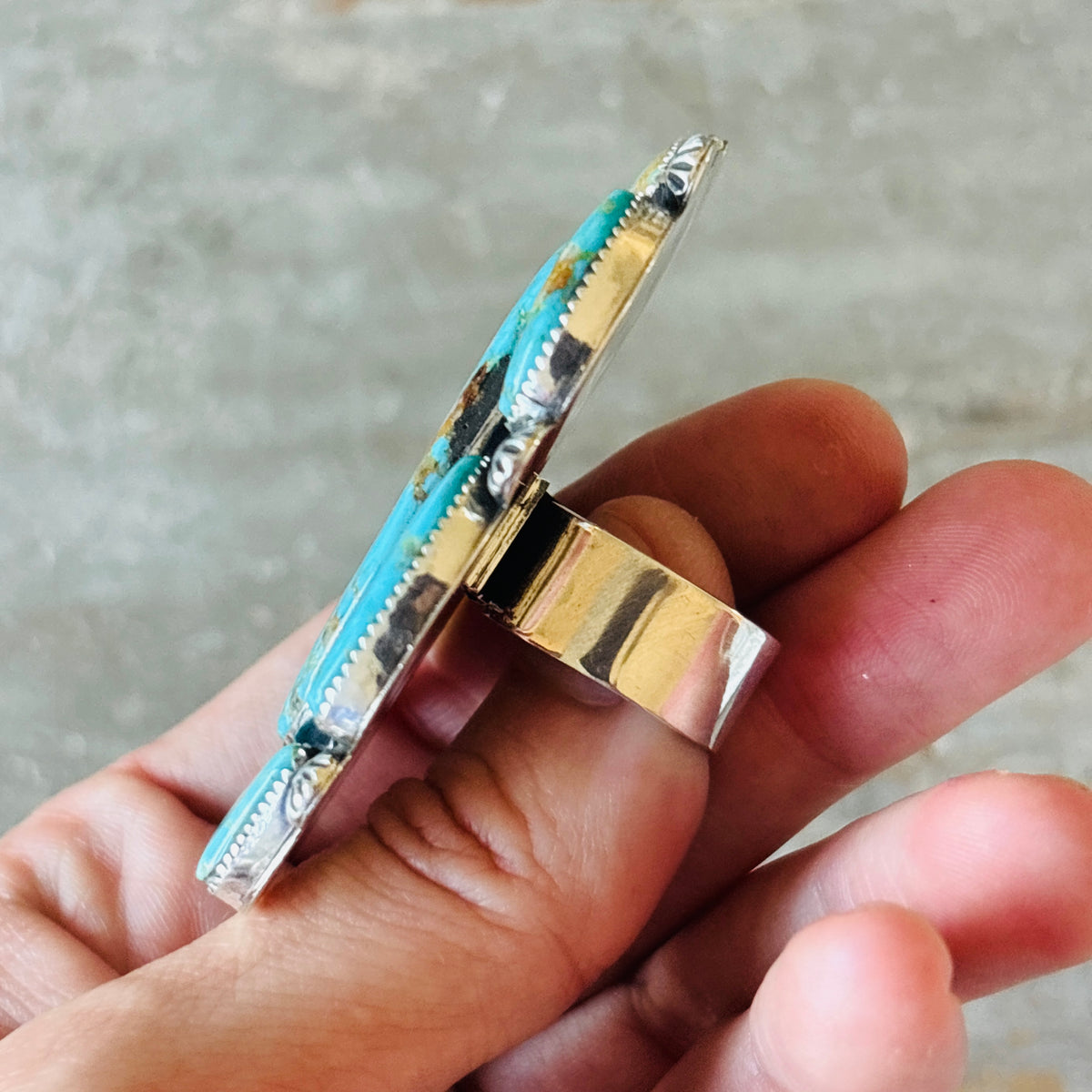 Navajo Hemerson Brown Sterling Silver & Kingman Turquoise Cluster Statement Ring