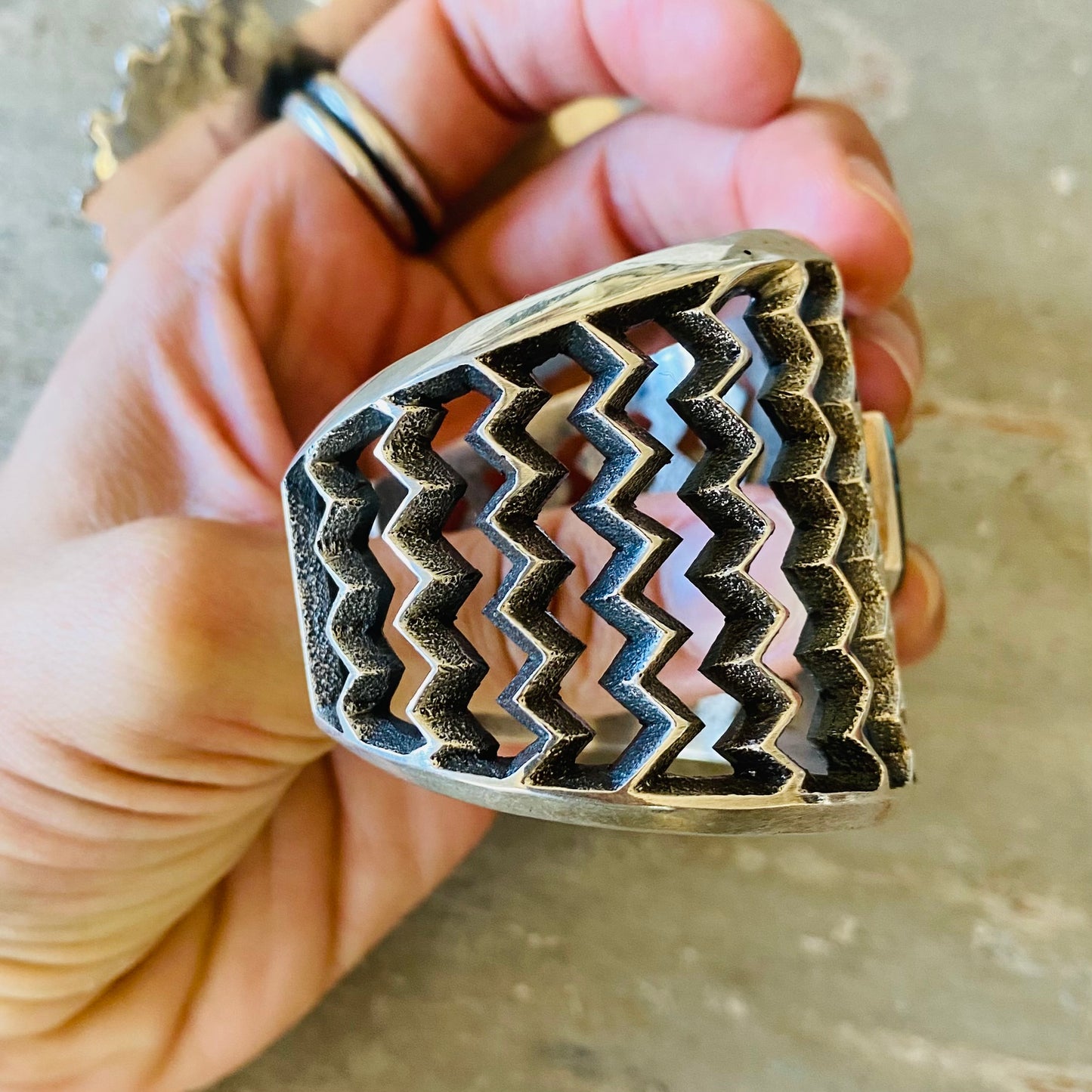 Navajo Aaron Anderson Sterling Silver & Indian Mountain Turquoise Cast Lightning Bolts Cuff