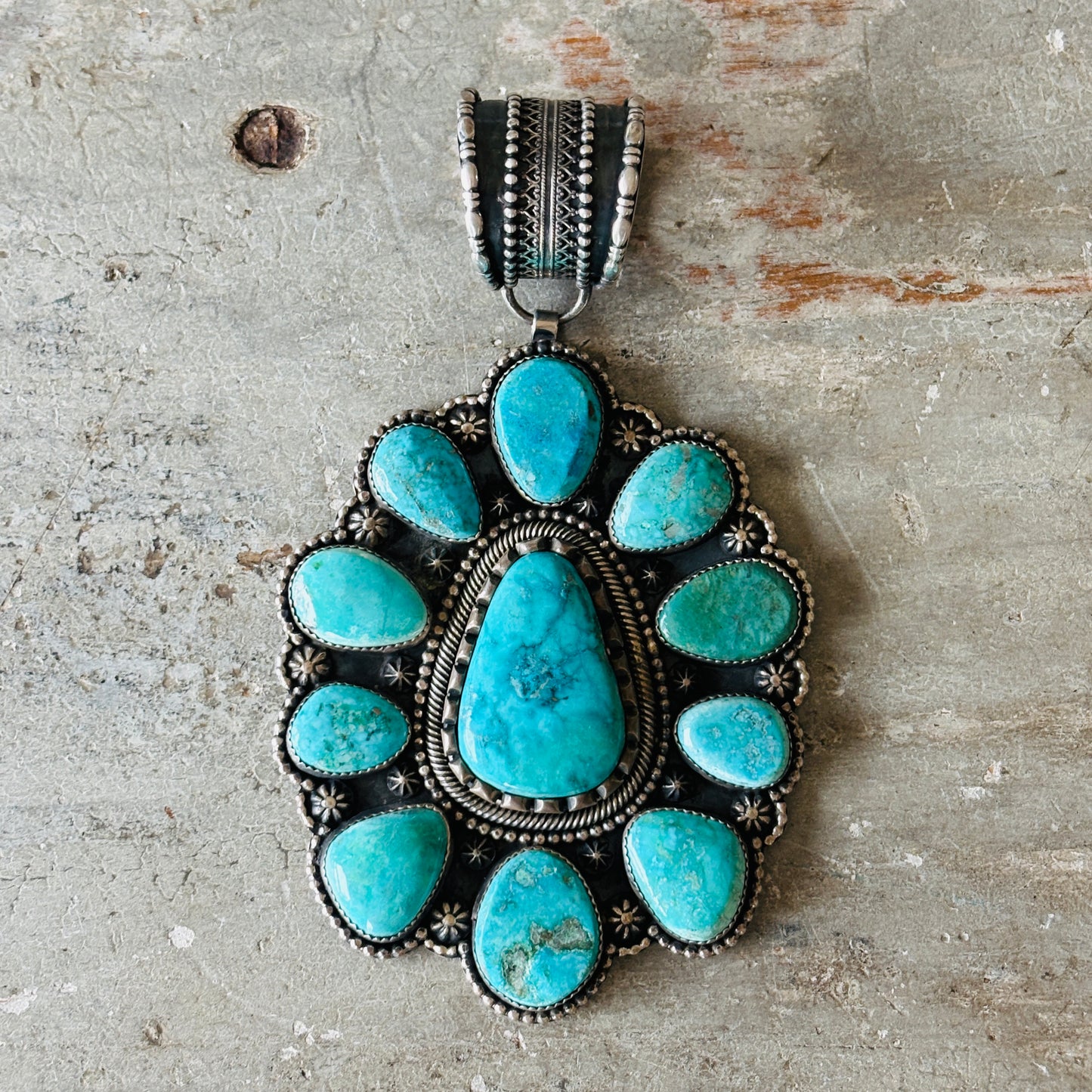 Navajo Braxton Parkett Sterling Silver & Sierra Nevada Turquoise Cluster Statement Pendant