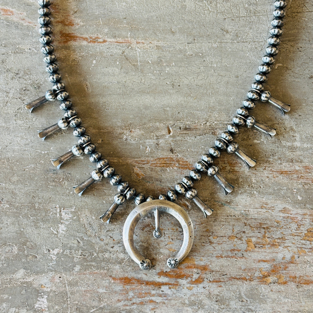 Navajo Austin Haley Sterling Silver 8mm Fluted Handmade Pearls Squash Blossom Necklace
