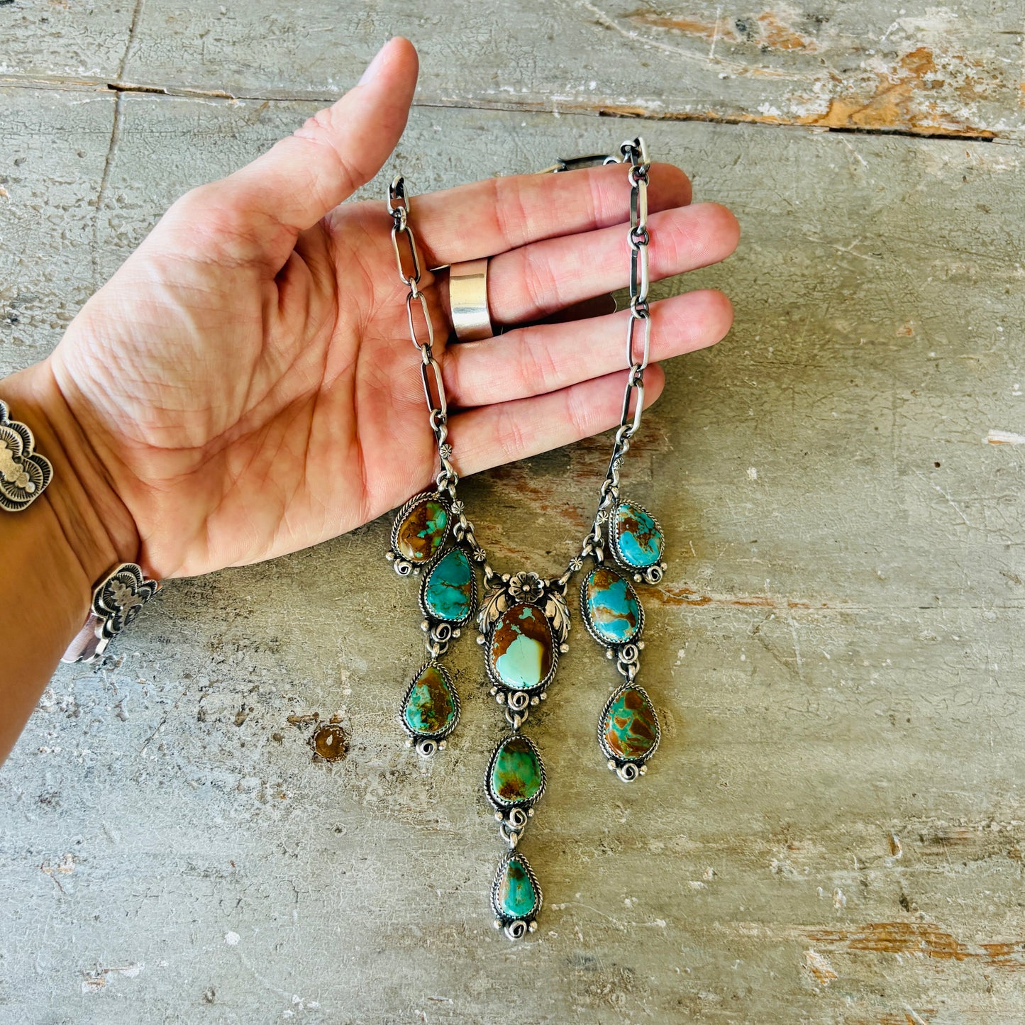 Navajo Brenda Jimenez Sterling Silver - Royston & Pilot Mountain Turquoise Waterfall Statement Necklace