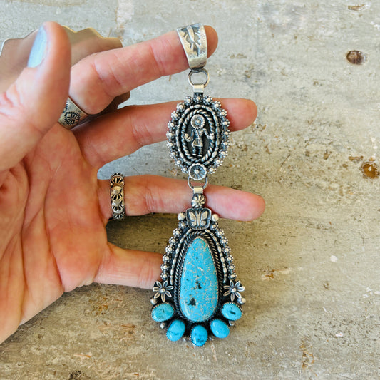 Navajo Kindale Billah Sterling Silver & Kingman Turquoise Sun God Floral Pendant
