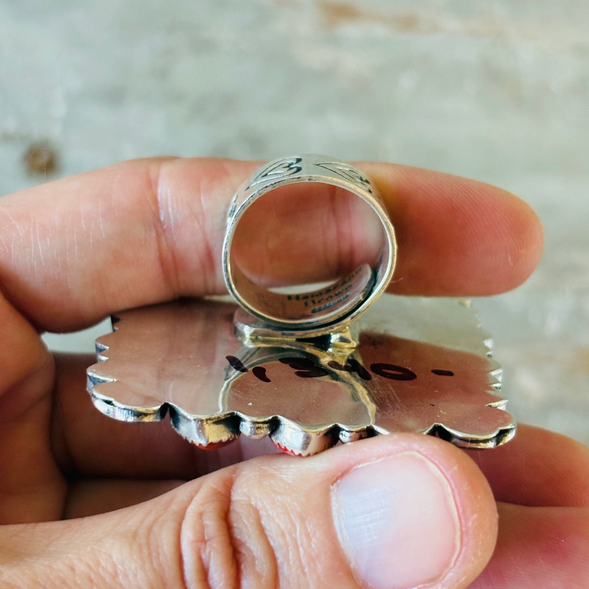 Navajo Hemerson Brown Sterling Silver - Red Spiny Oyster & Rainbow Dyed Crazy Lace Agate Hearts Ring