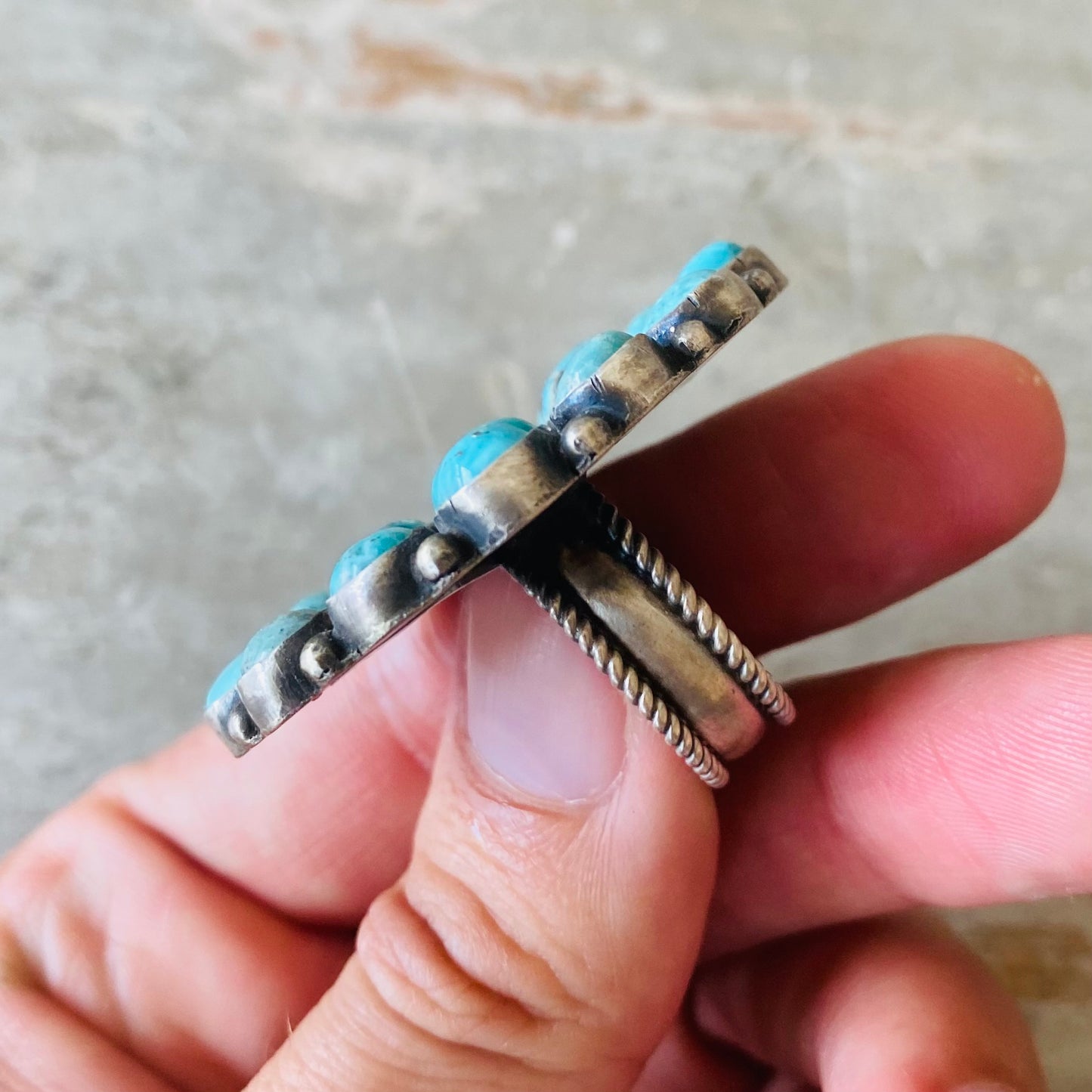 Navajo Daniel Benally Sterling Silver & Kingman Turquoise Cluster Ring