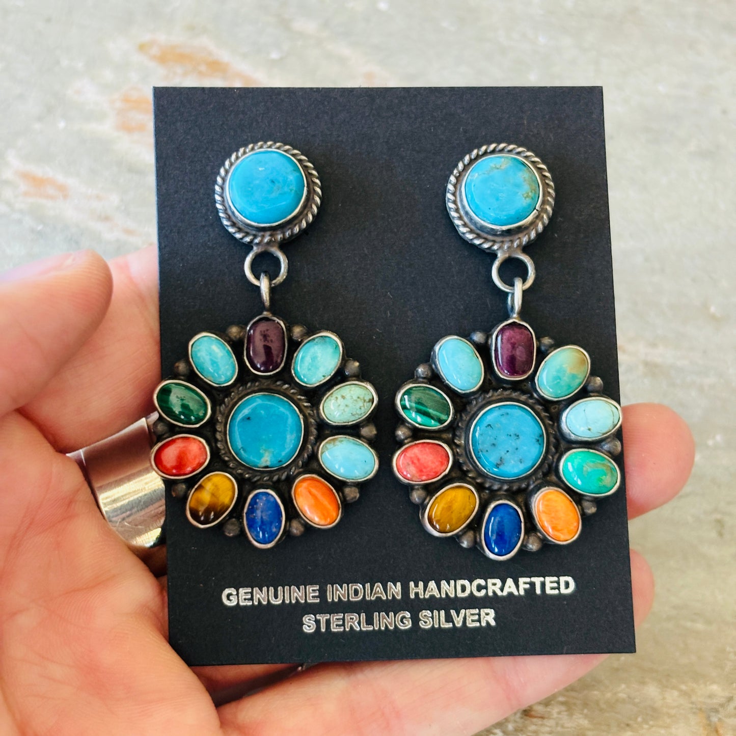 Navajo Anthony Skeets Sterling Silver Multi Stone Cluster Earrings