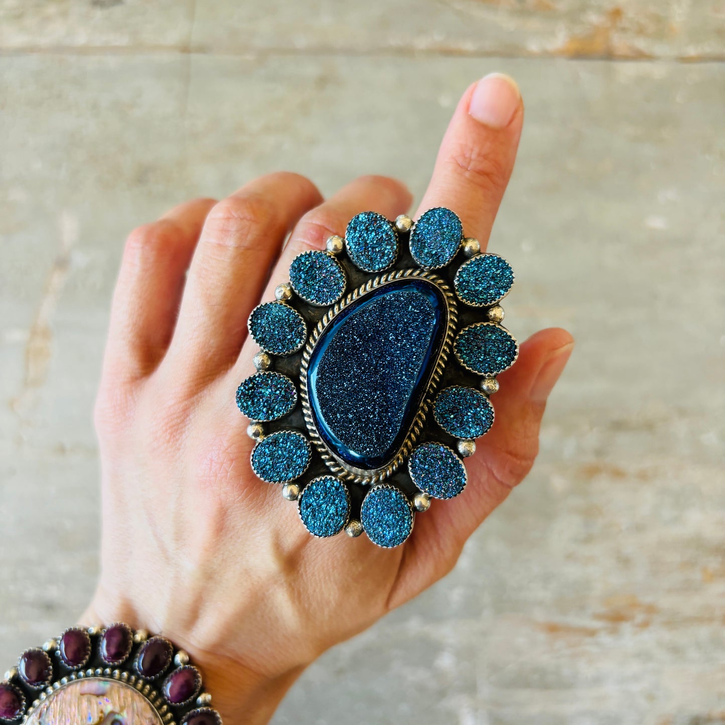 Navajo Hemerson Brown Sterling Silver & Dark Blue Druzy Cluster Ring