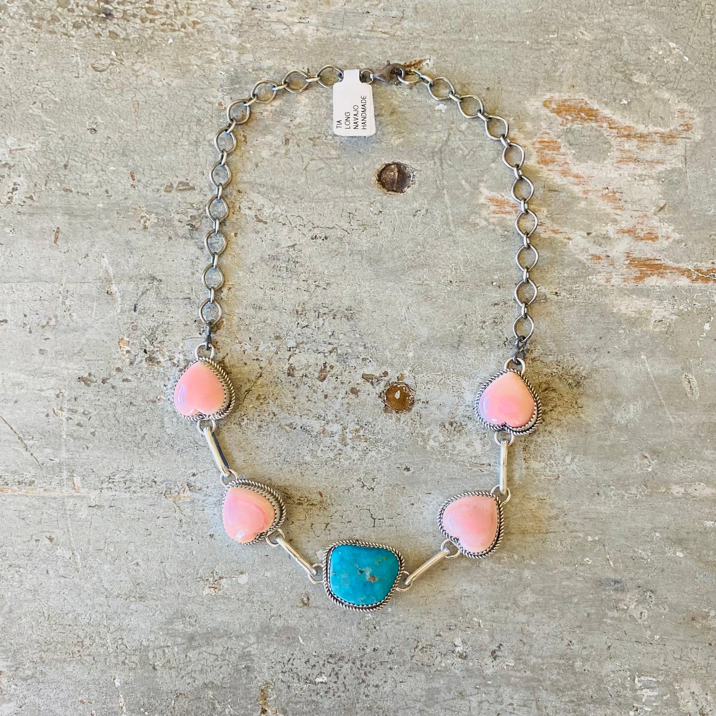 Navajo Tia Long Sterling Silver Pink Conch & Kingman Turquoise Heart Choker