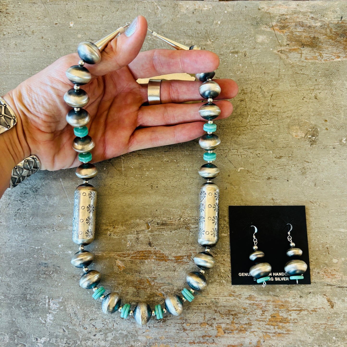 Navajo Tysha Aparicio Sterling Silver & Campitos Turquoise Handmade Pearls Set
