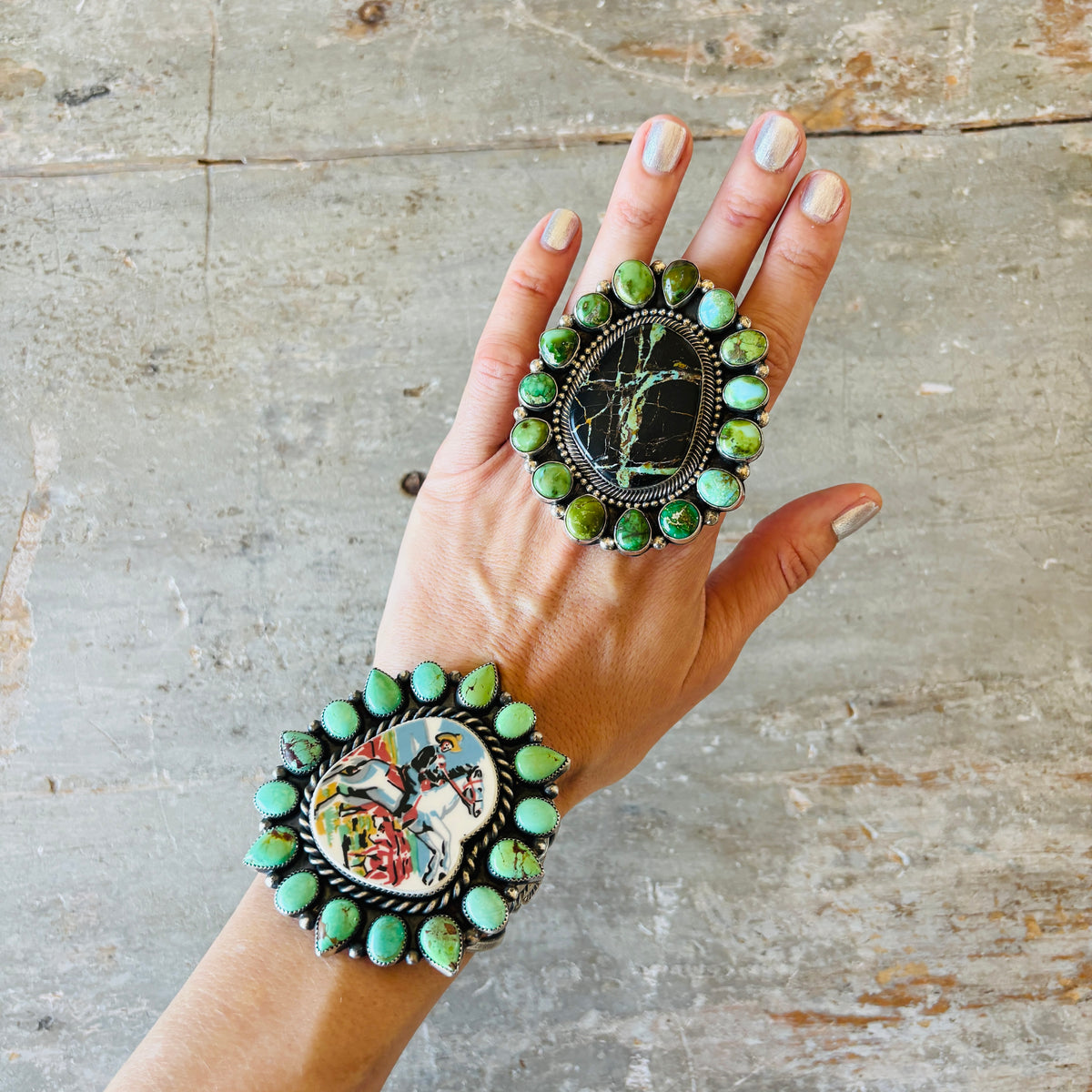 Navajo Hemerson Brown Sterling Silver - Blackjack & Sonoran Turquoise Cluster Ring