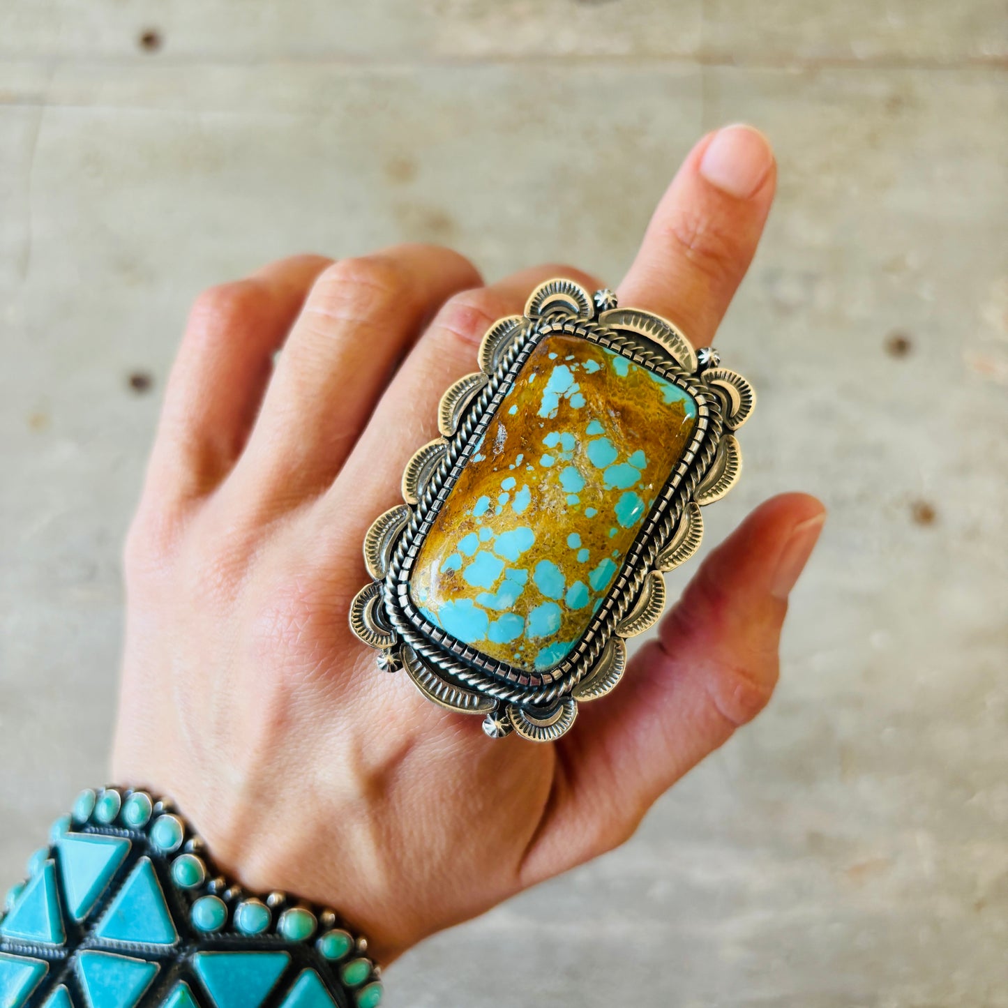 Navajo Hank Vandever Sterling Silver & #8 Turquoise Statement Ring