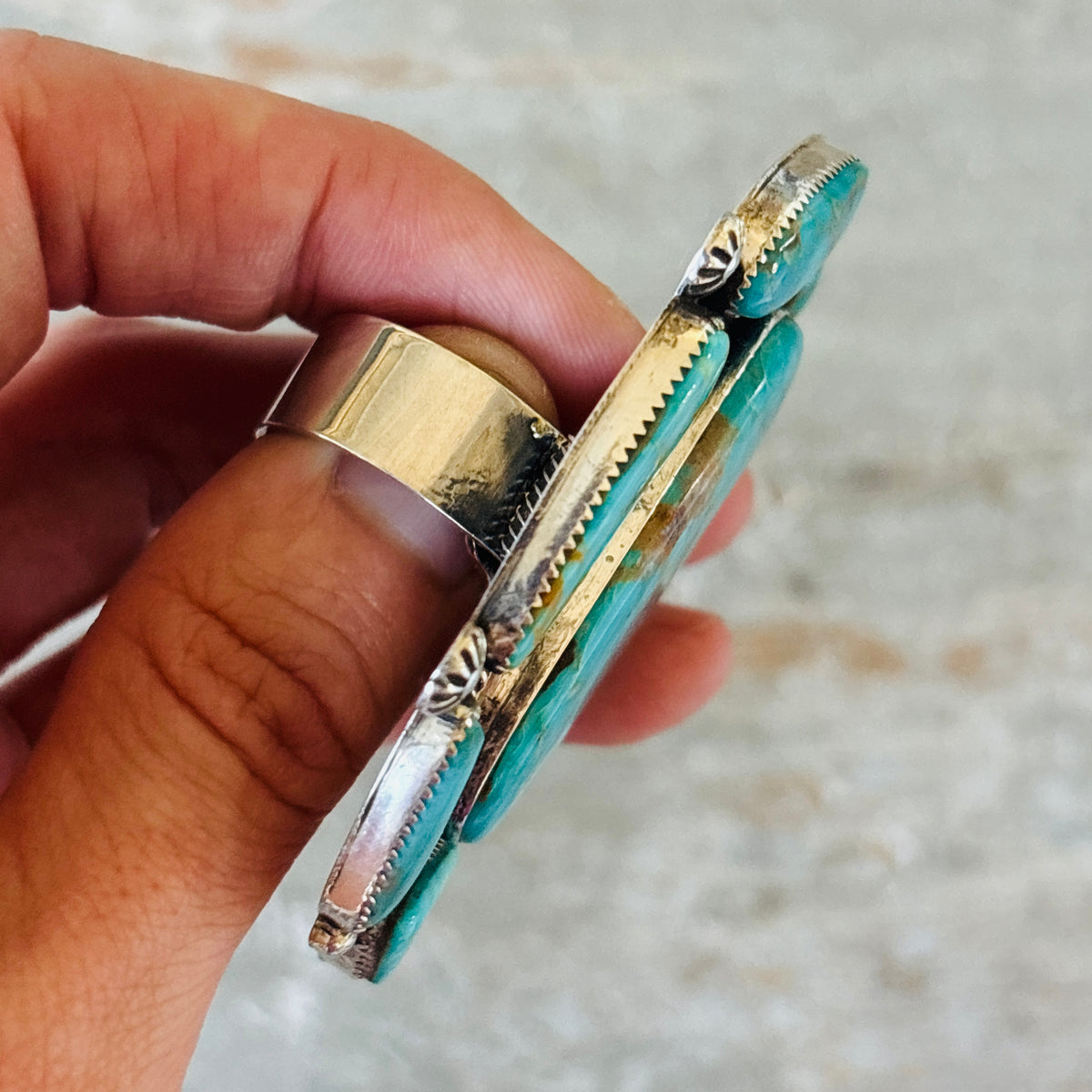 Navajo Hemerson Brown Sterling Silver & Kingman Turquoise Cluster Statement Ring