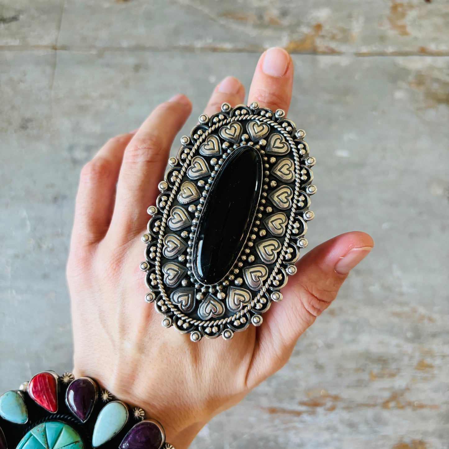 Navajo Hemerson Brown Sterling Silver & Black Onyx Hearts Statement Ring