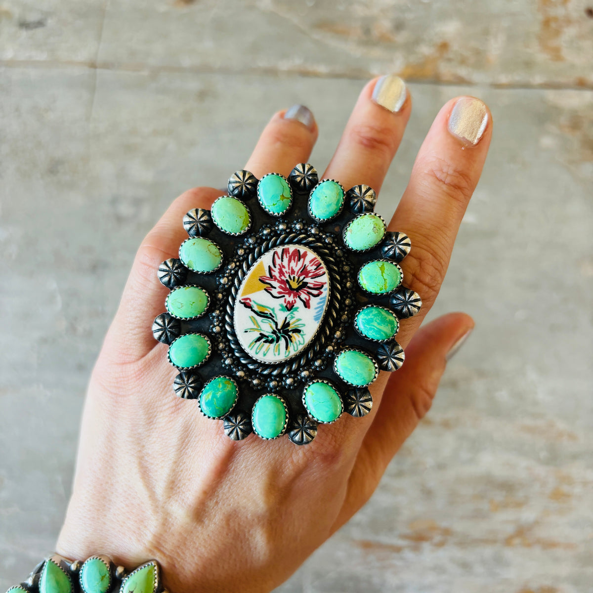 Navajo Kindale Billah Sterling Silver - Ceramic & Mojave Campitos Turquoise Floral Cluster Ring