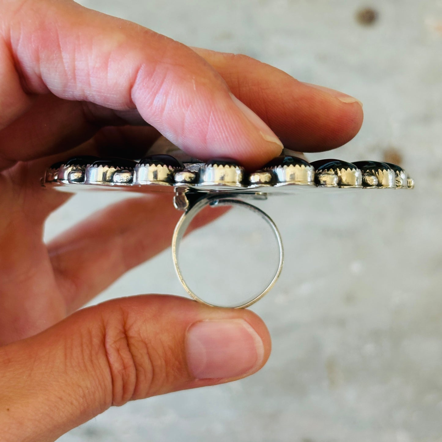 Navajo Hemerson Brown Sterling Silver - Druzy & Black Onyx Cluster Ring