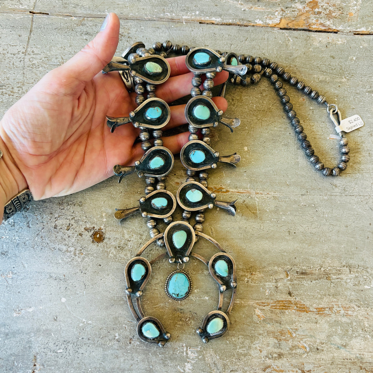 Vintage 1960s Navajo Signed Sterling Silver & Royston Turquoise Squash Blossom Necklace