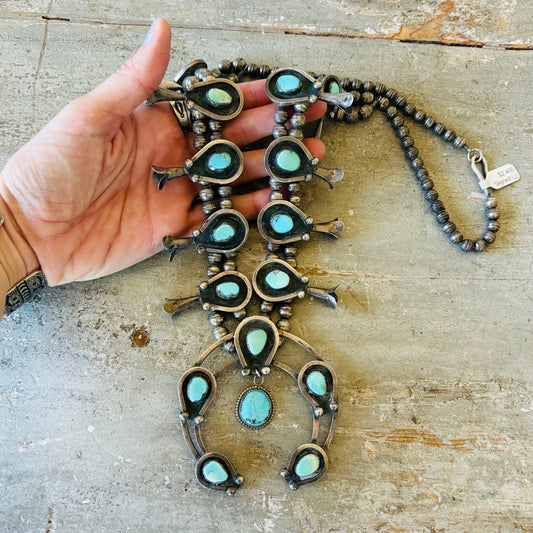 Vintage 1960s Navajo Signed Sterling Silver & Royston Turquoise Squash Blossom Necklace