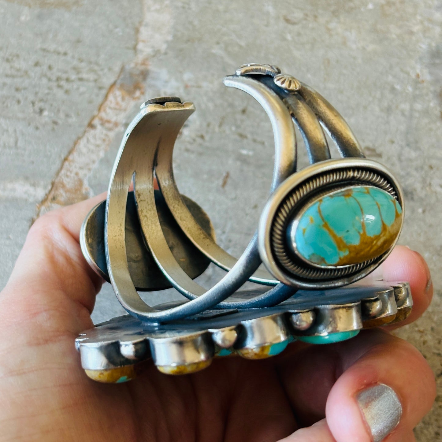 Navajo Hemerson Brown Sterling Silver & Royston Turquoise Cluster Statement Cuff