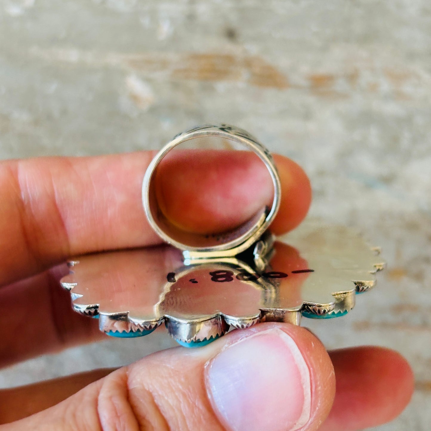 Navajo Hemerson Brown Sterling Silver & Kingman Turquoise Hearts Cluster Ring
