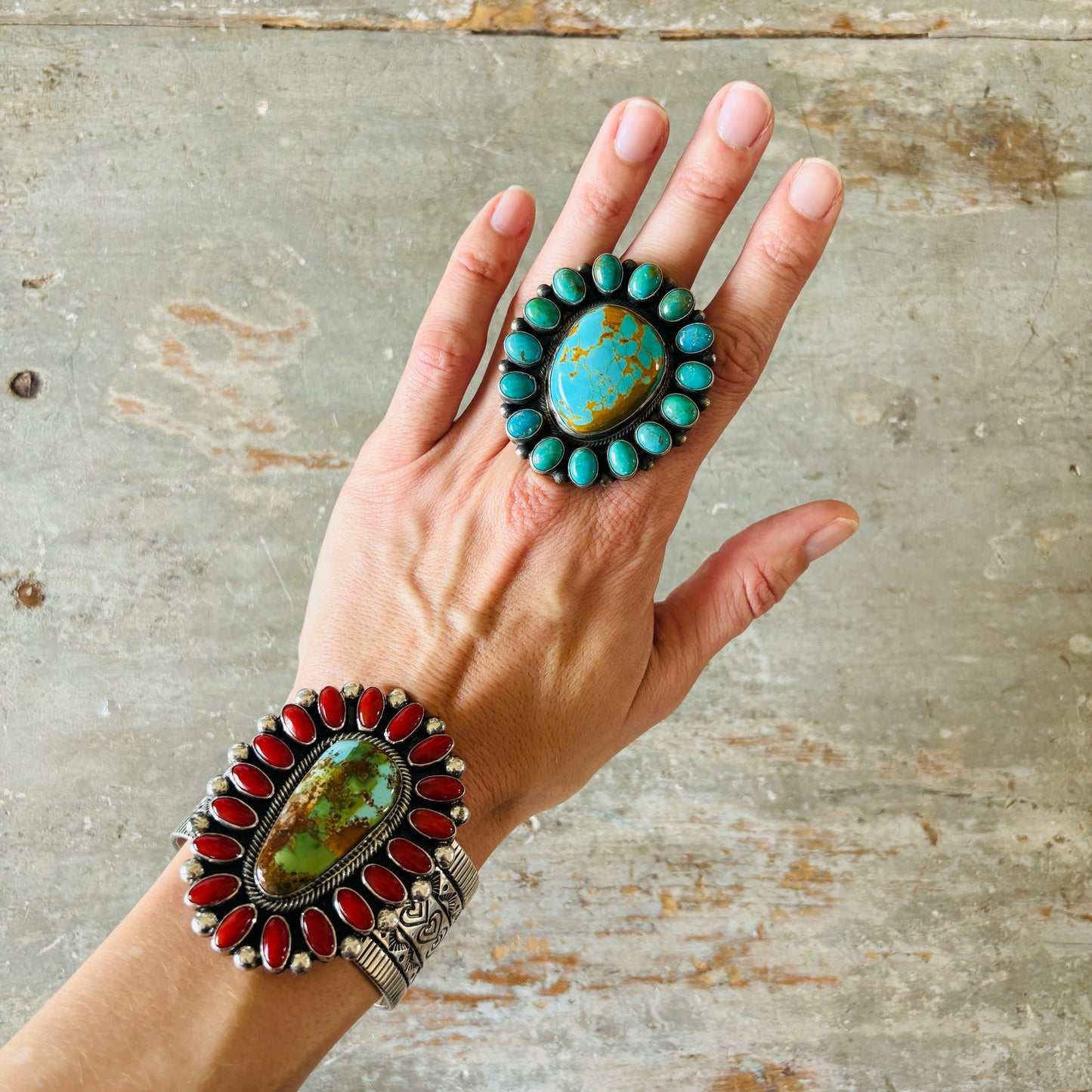 Navajo Kathleen Chavez Sterling Silver - Sonoran & Kingman Cluster Ring