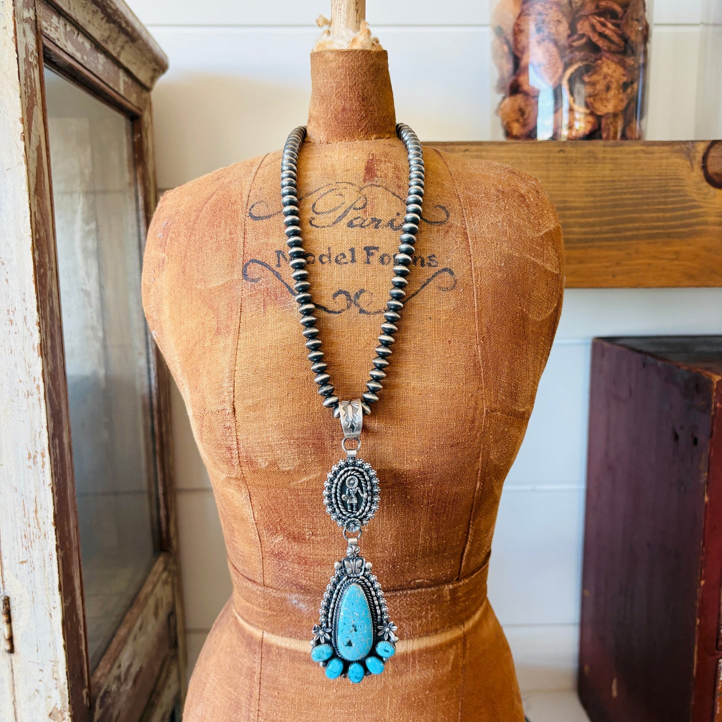 Navajo Kindale Billah Sterling Silver & Kingman Turquoise Sun God Floral Pendant
