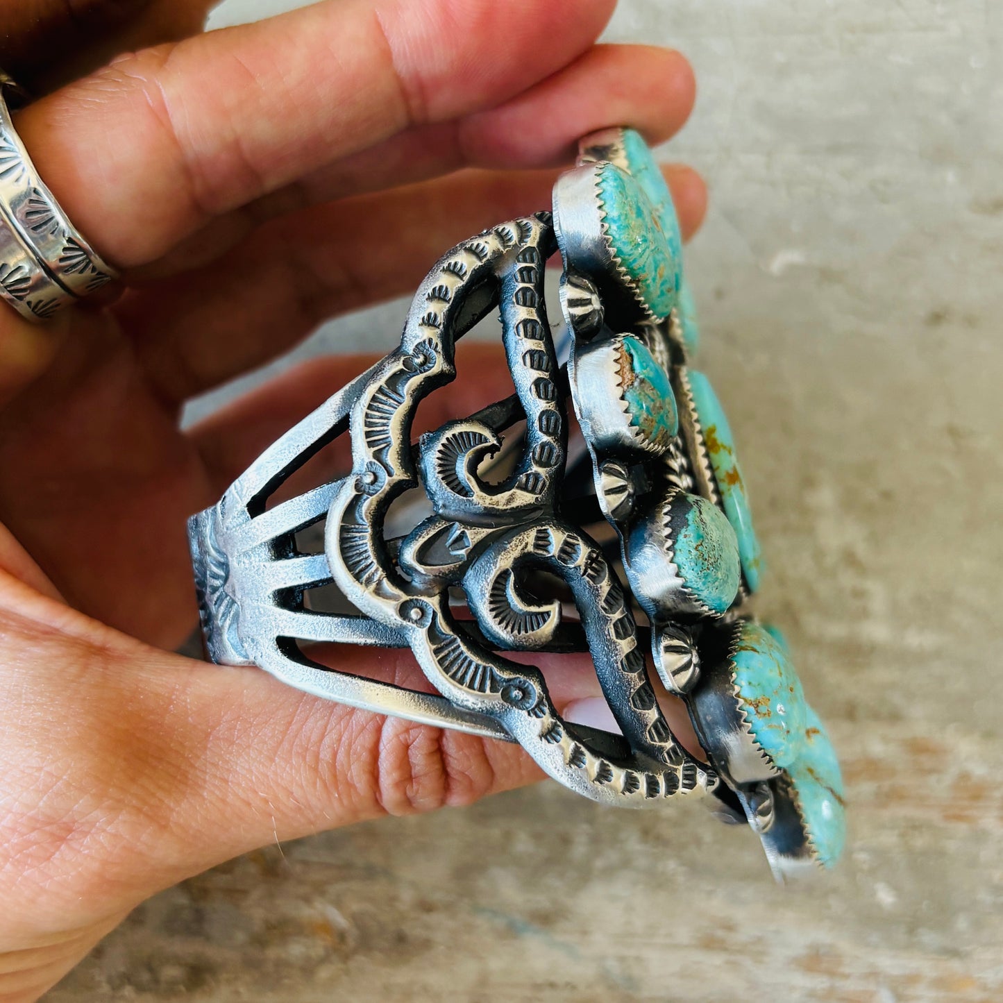 Navajo Kindale Billah Sterling Silver & Royston Turquoise Cluster Statement Cuff