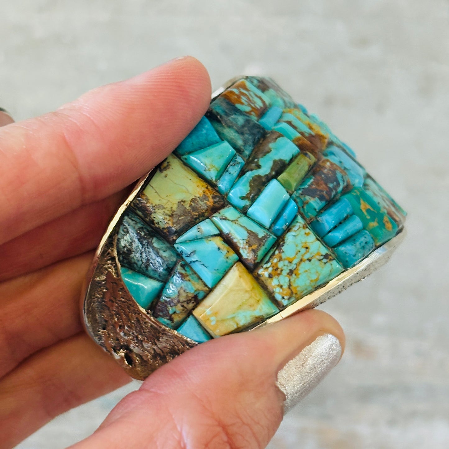Navajo Lester James Sterling Silver & Mixed Turquoise Cobblestone Statement Cuff