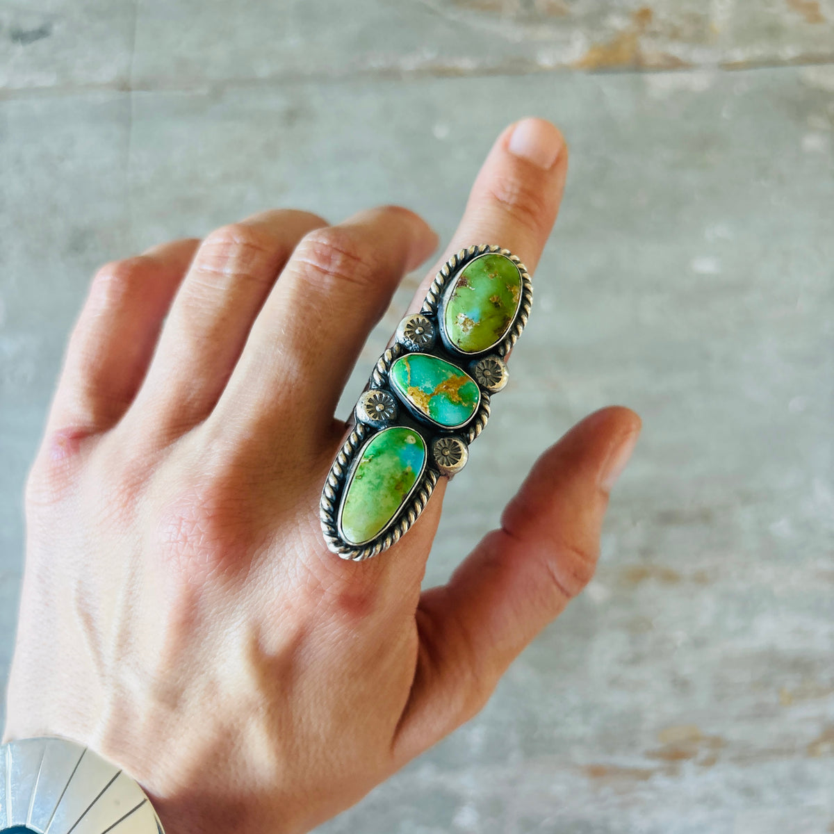 Navajo Delbert Secatero Sterling Silver & Sonoran Turquoise Three Stone Ring