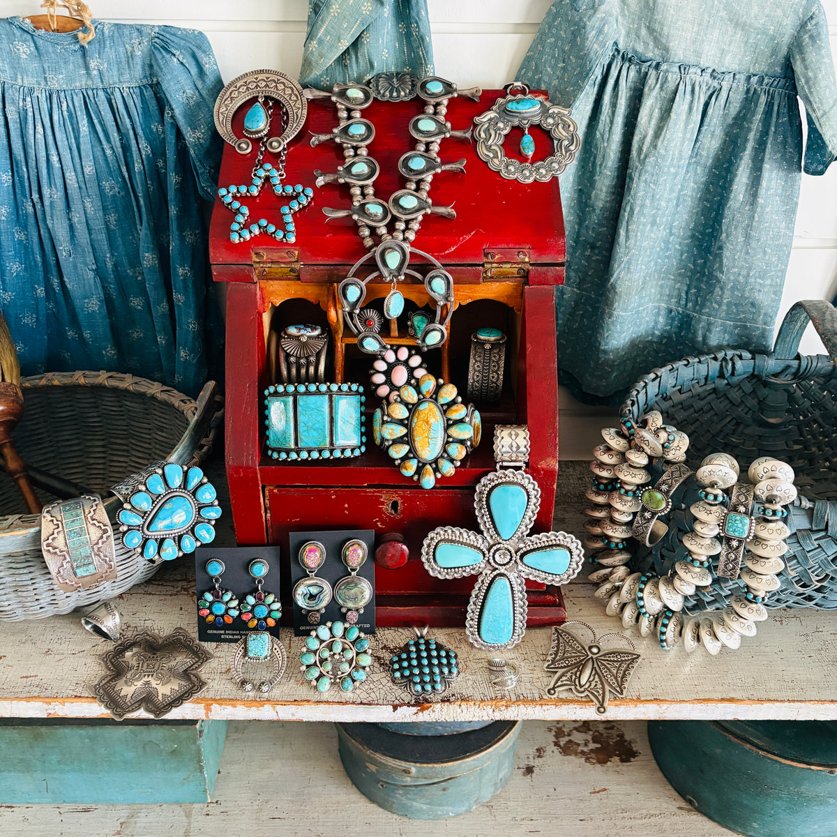 Navajo Sunshine Reeves Sterling Silver & Kingman Turquoise Cluster Cross Pendant