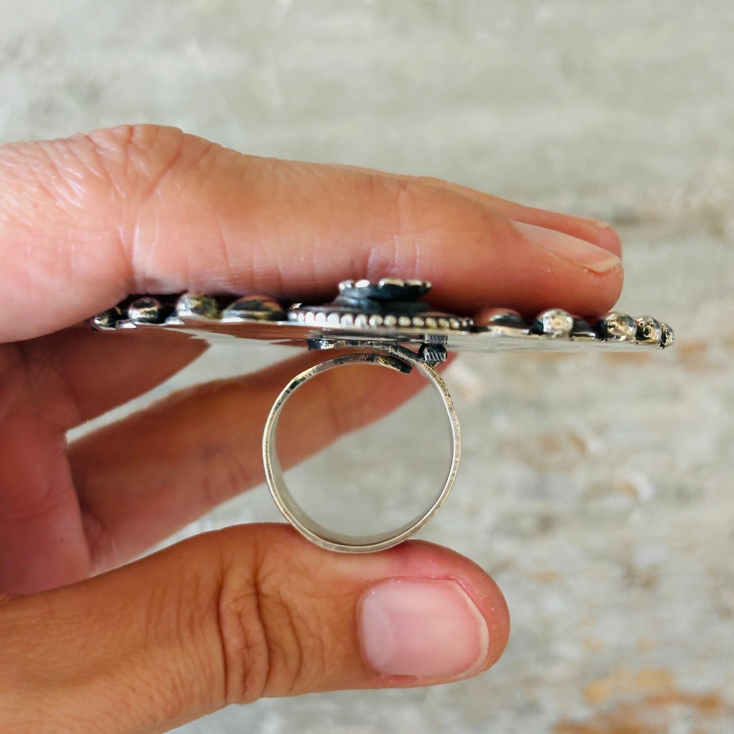 Navajo Hemerson Brown Sterling Silver Concho Statement Ring