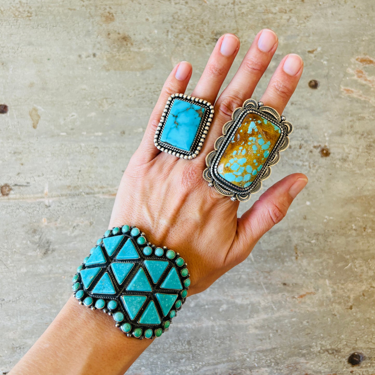 Navajo Anthony Skeets Sterling Silver & Kingman Turquoise Cluster Statement Cuff