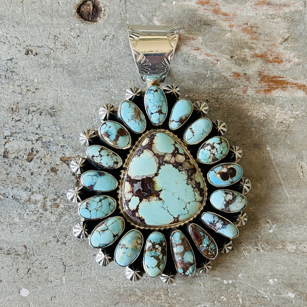 Navajo Tonya June Rafael Sterling Silver & Golden Hills Turquoise Cluster Pendant