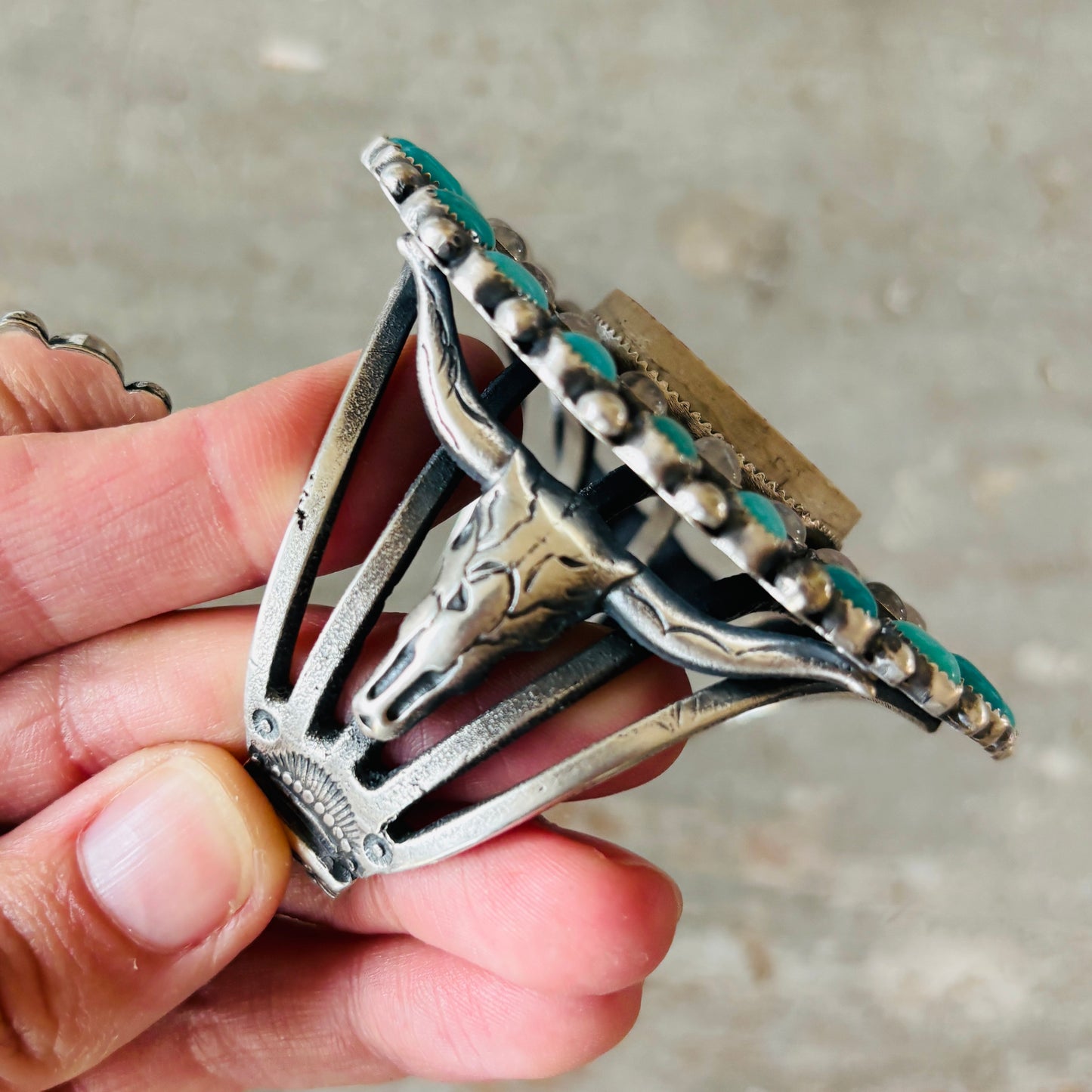 Navajo Kindale Billah Sterling Silver - Ceramic - Moonstone & Kingman Turquoise Cluster Cuff