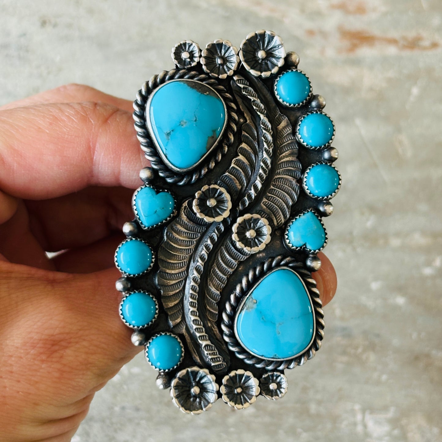 Navajo Kindale Billah Sterling Sterling & Kingman Turquoise Feathers - Hearts Cluster Ring