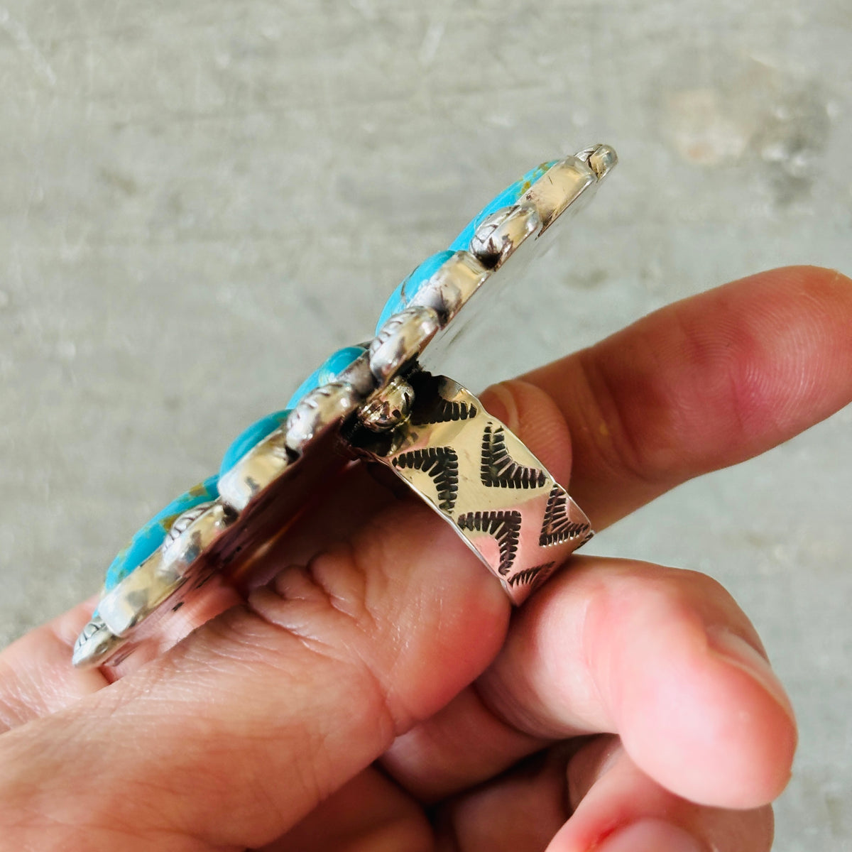 Navajo Tyler Brown Sterling Silver & Kingman Turquoise Cluster Ring