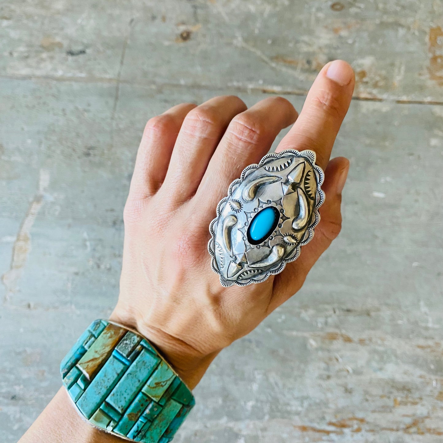 Navajo Glenn Livingston Sterling Silver & Turquoise Shadowbox Ring