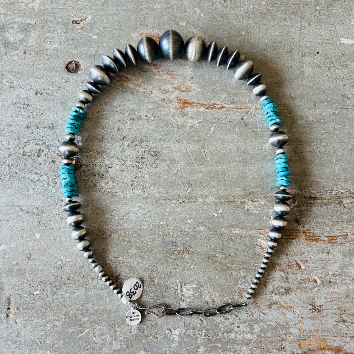 Navajo Rose Martin Sterling Silver & Kingman Turquoise Handmade Pearls Necklace