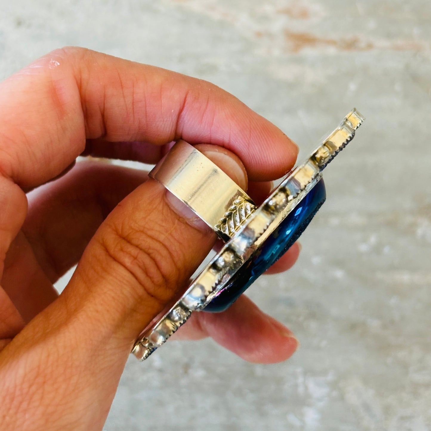 Navajo Hemerson Brown Sterling Silver & Dark Blue Druzy Cluster Ring