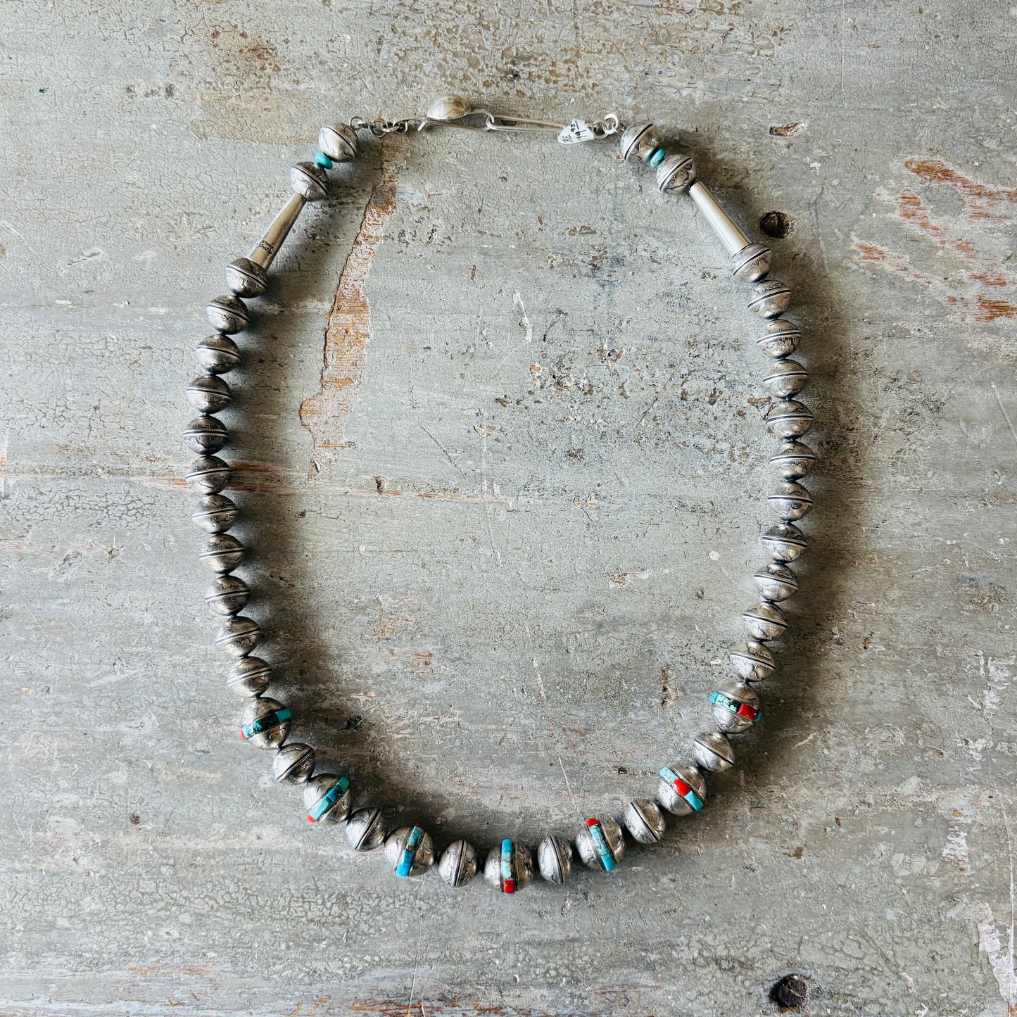 Navajo James McCabe Sterling Silver - Turquoise & Red Coral Inlay Liberty Dime Beads Necklace